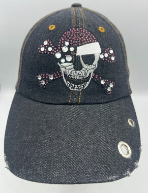 Magic Skull Crossbones Denim Hat Rhinestone Black Adjustable Baseball Cap OSFA